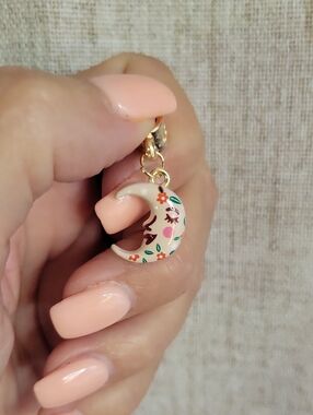 Handpainted Folk Art Crescent Moon Charm Pendant